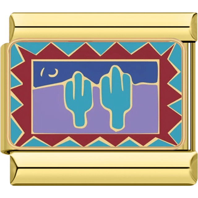 Gold rectangular Italian charm bracelet link with a southwestern desert scene showing two blue cacti under a crescent moon, with geometric red and blue border.